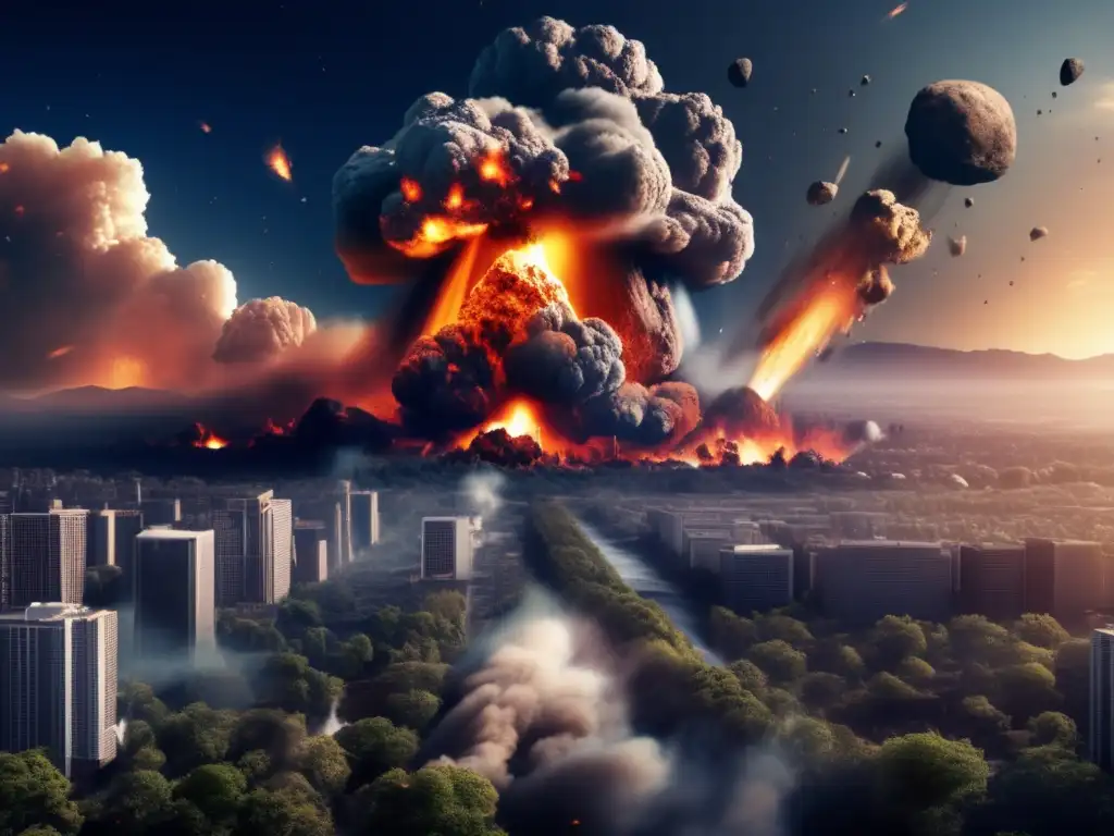 Asteroid Impact Earth Apocalypse: Devastation fills the air as an enormous jagged asteroid slams into our planet, causing catastrophic destruction
