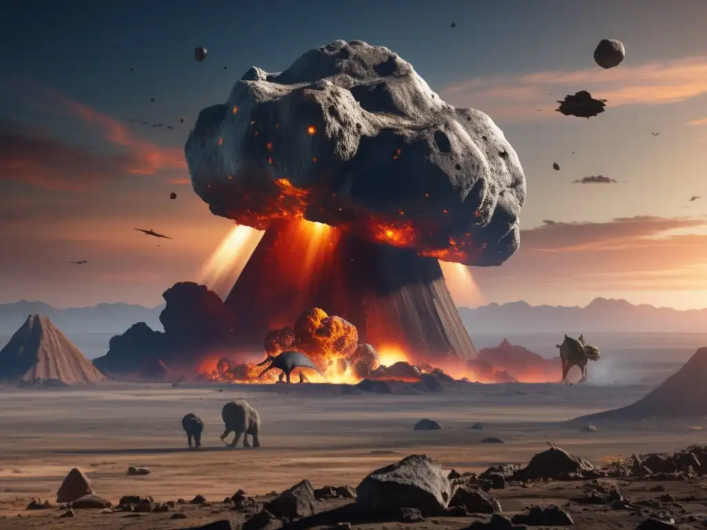 A photorealistic image of the asteroid that ended the dinosaurs, showcasing its wreckage and destruction on the Earth's surface