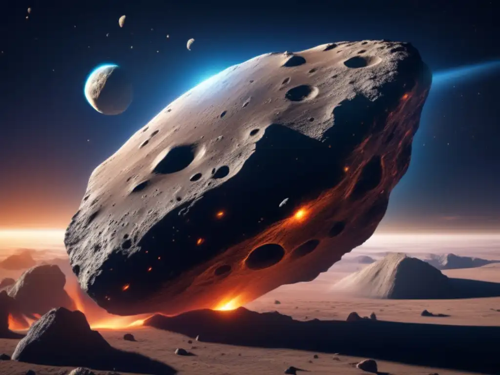 An asteroid in motion, photorealistically rendered with high detail and sharp edges, showcases the surface textures and patterns of the celestial body