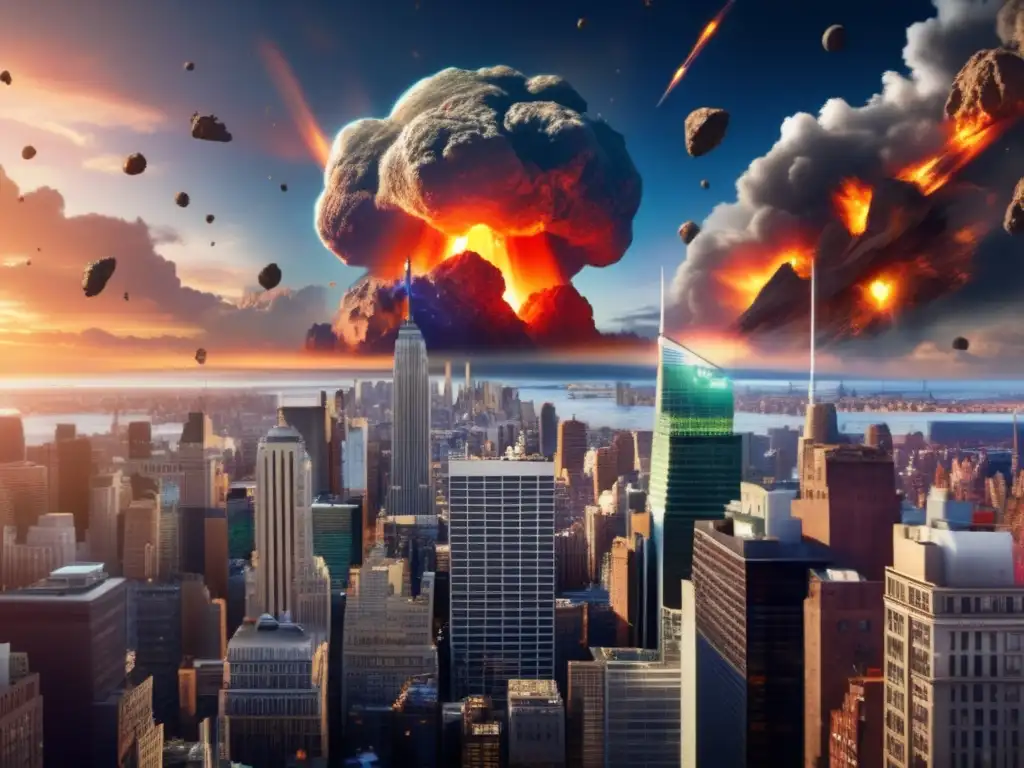 A photorealistic depiction of Earth being obliterated by a massive asteroid, wreaking havoc in New York City