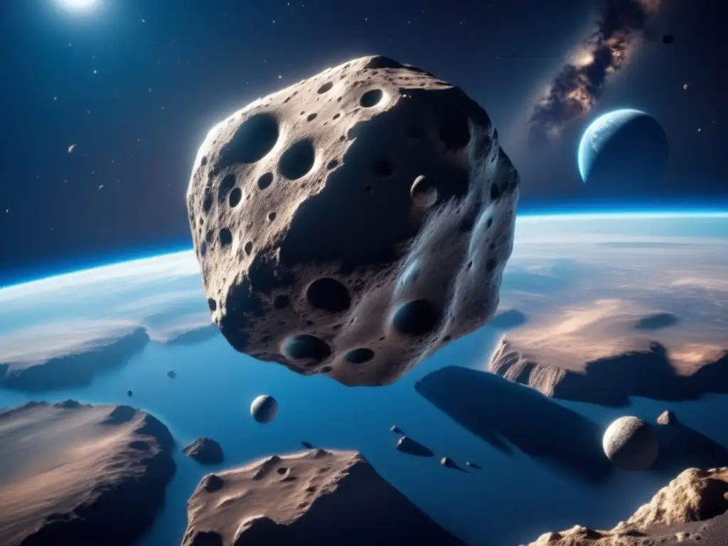 A photorealistic depiction of a gigantic asteroid, intricately textured surface, orbiting around a alluring blue planet