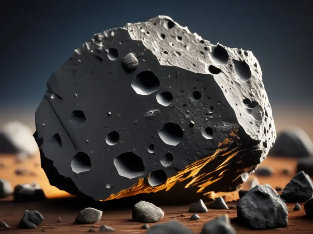A stunning photorealistic depiction of an irregularly shaped asteroid, with jagged edges, pockmarked surface, and multiple shades of dark grey, black, and ochre