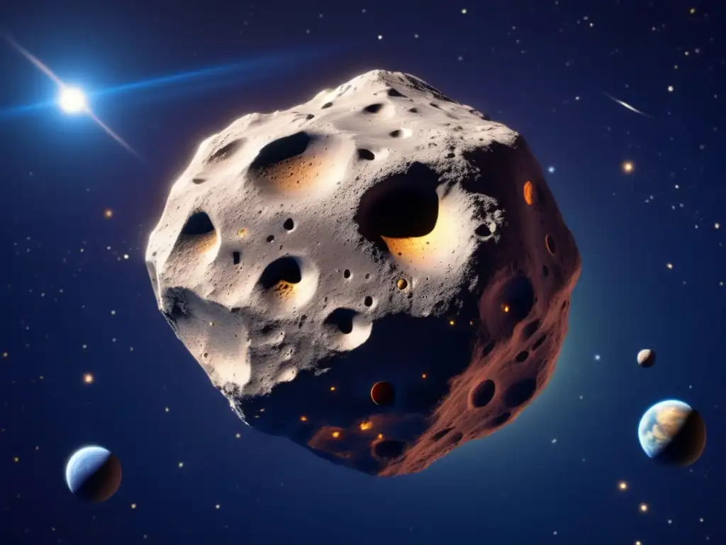 A photorealistic image of an asteroid, with intricate details and textures, hovering in the darkness of space against a deep blue sky