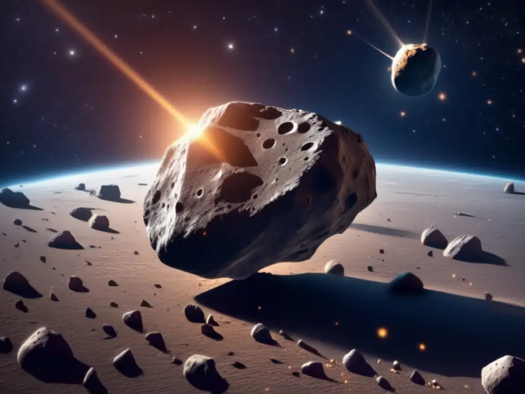 A stunningly detailed asteroid with a glowing debris trail, hovering in the deep cosmic expanse -