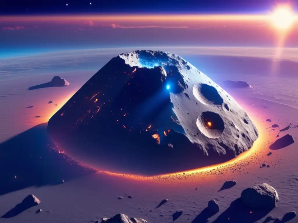 Gigantic asteroid with complex features and vibrant colors, set against a clear blue backdrop with a gradient of blue and white