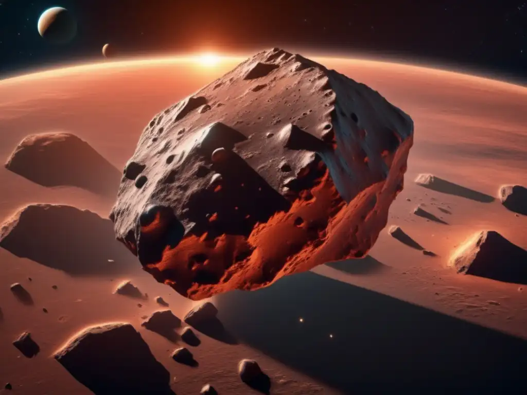 A stunning, highly detailed image of a large, reddish-brown asteroid with sharp edges, rocks, and bumps on its surface daunches through space, soaring past a beautiful blue Earth in the backdrop, evoking a sense of wonder and awe in its radical form and natural beauty