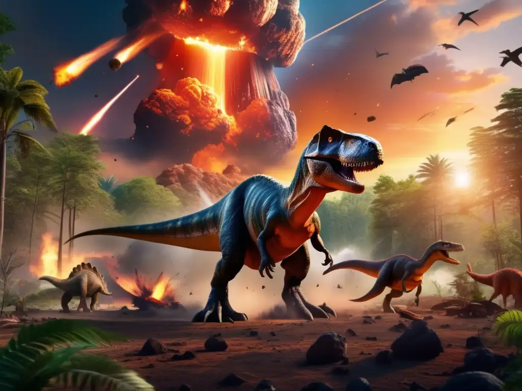 A photorealistic depiction of an asteroid impact on a vibrant forest filled with dinosaurs, resulting in a chaotic and apocalyptic scene