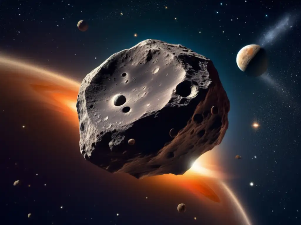 A photorealistic depiction of the asteroid Dolon, captured with intricate details of its surface and atmospheric conditions, amidst the vastness of deep space