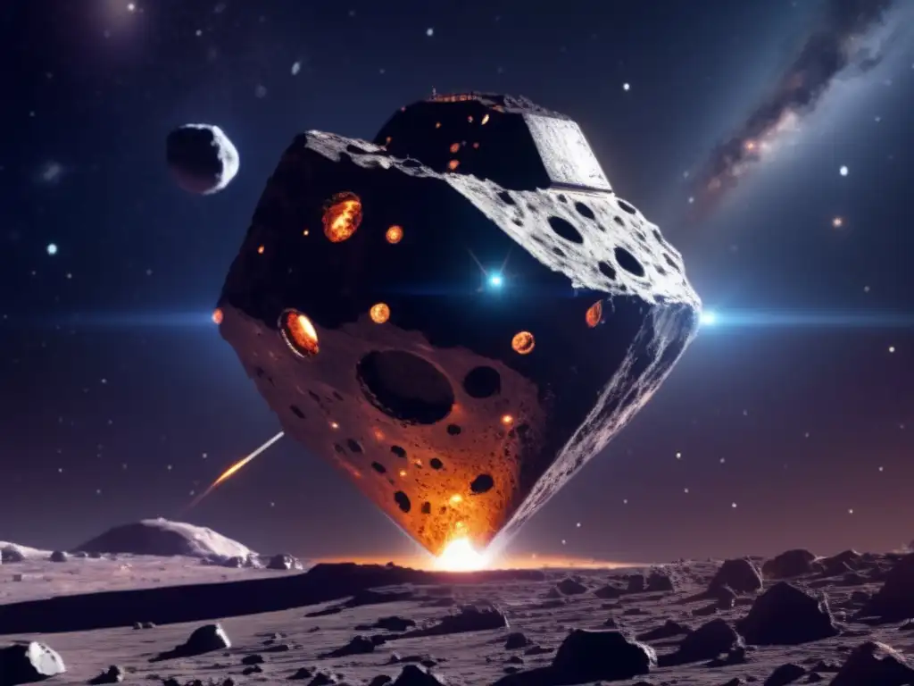 A photorealistic image of a functioning asteroid mining rig drilling into the heart of an asteroid, revealed by the intense glare of its drill