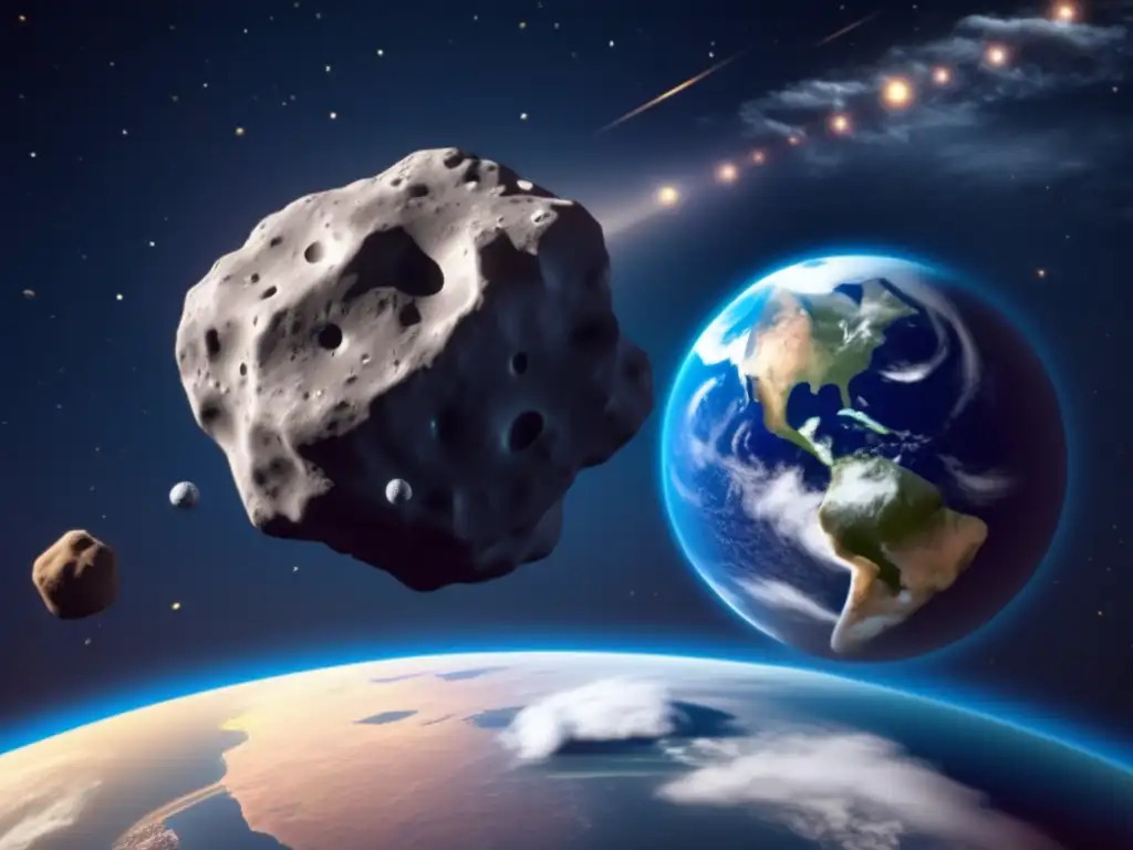 A photorealistic depiction of a 3D model asteroid and Earth, with asteroid's motion conveyed through debris and damage, Earth's atmosphere showcased with multiple weather patterns, and surrounding space image of the galaxy with distant stars visible