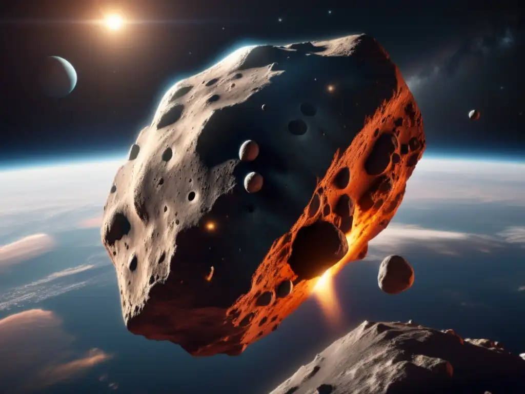 A large asteroid approaches Earth, casting its rugged shadow across the sky
