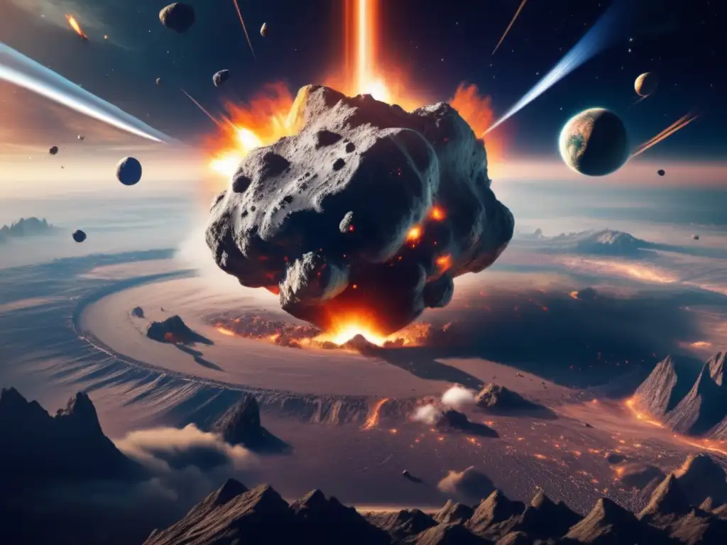 An 8k image of a massive asteroid heading towards Earth, with its jagged surface and debris flying  April 19th  ️✈️ Ship, city and airport chaos await! Dramatic lighting illuminates  ️, casting shadows on terrain   Tension and danger loom ominously   The article depicts this hypothetical scenario, so be prepared!