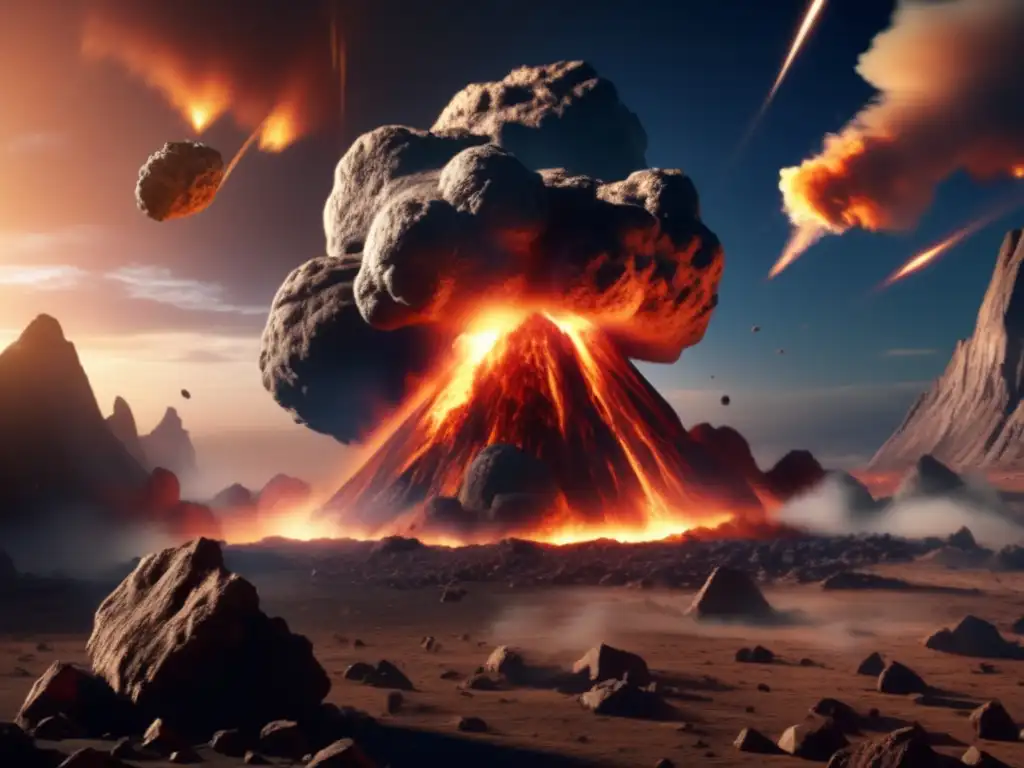 A prehistoric asteroid impact on Earth in slow motion, with accurate engineering, creates a vivid photorealistic image