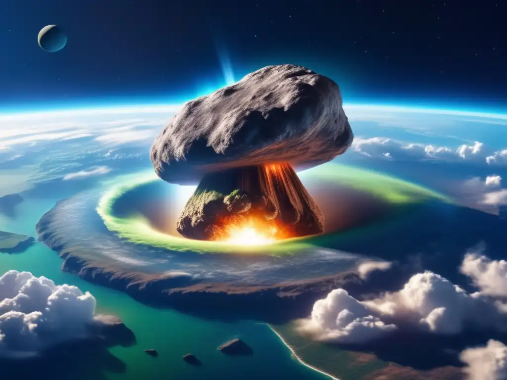 An awe-inspiring image of an enormous asteroid hurtling through Earth's atmosphere, causing a massive explosion and brightening the sky, while the planet's blue surface, green oceans, and white clouds are visible in the background