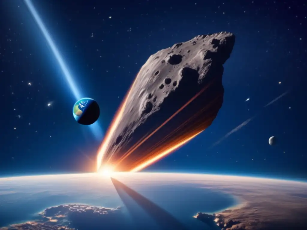A photorealistic image of an asteroid passing by Earth, casting a long, ominous shadow over the horizon
