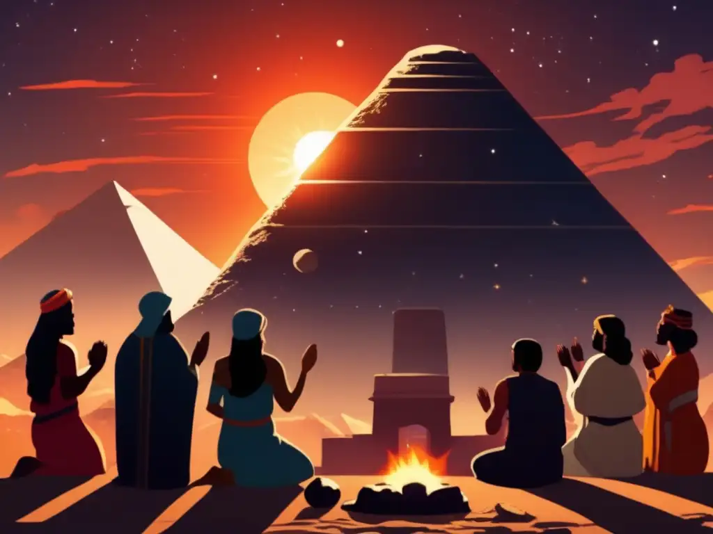 A large, ominous asteroid blocks out the sun, casting a dark shadow over ancient Babylonians in traditional garb as they pray and despair