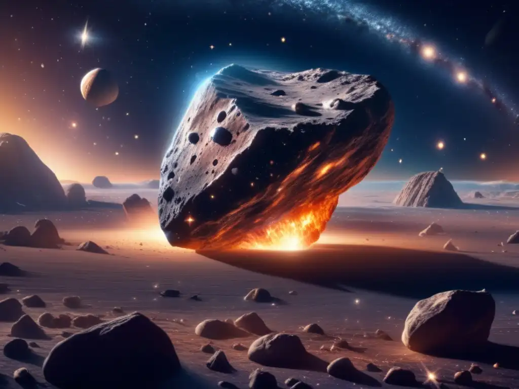 A stunning photorealistic image of an asteroid hurtling through space, with a dazzling array of stars and galaxies surrounding it