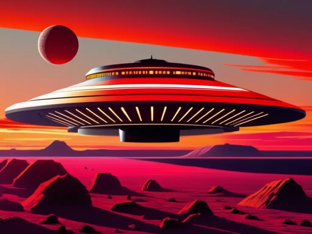 A striking, photorealistic image of Stanley Kubrick's iconic mothership in front of a sunset, with Asteroid Euryalus hovering above the horizon in metallic gray light