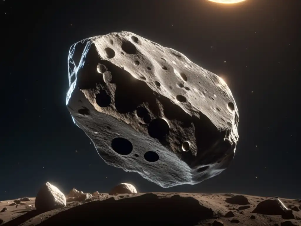 A stunning photorealistic depiction of Asteroid Eurydike, with its rocky surface and intricate patterns illuminated by sunlight against a black background