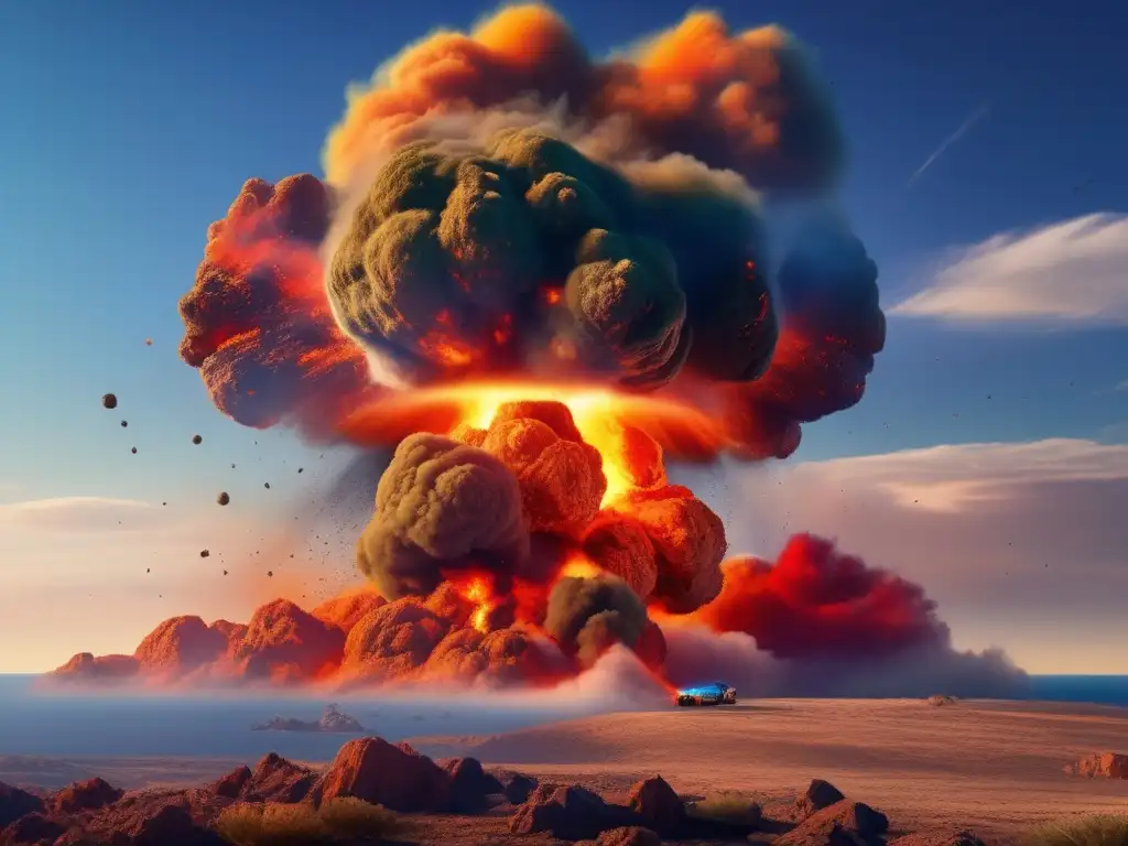 An olive green asteroid plummets into a cloudless blue sky with a fiery explosion and streak of smoke behind it, surrounded by orange and red debris, all seen from above a tilted golden-brown landscape with a vast ocean in the background