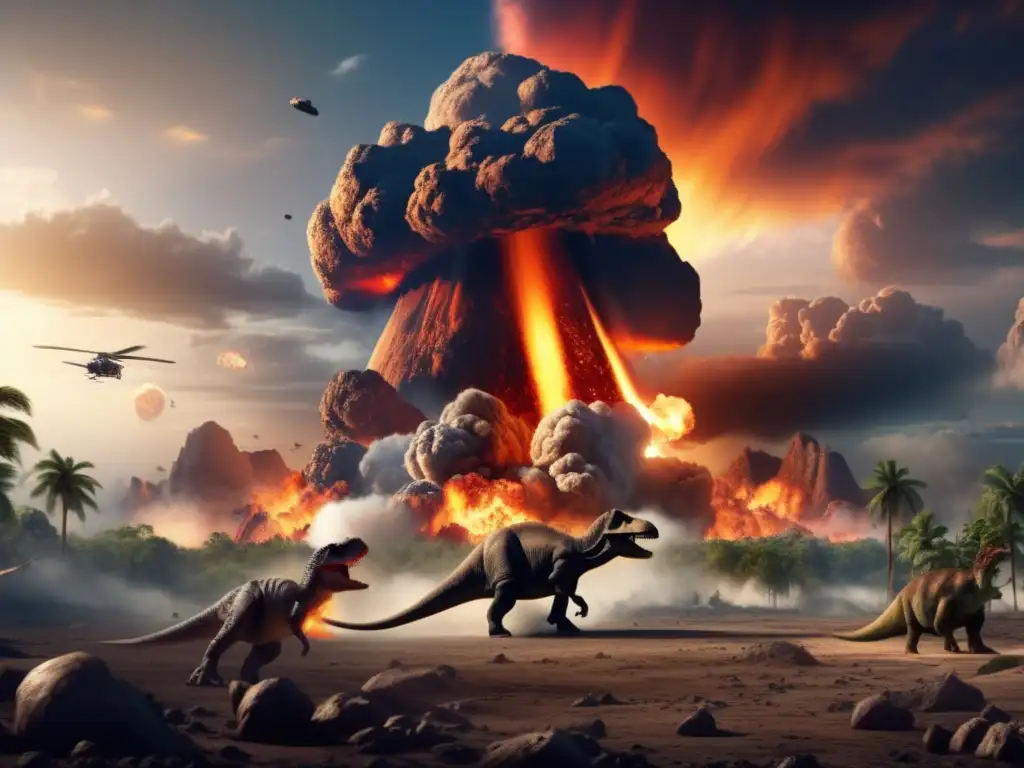 In this photorealistic image, witness the extinction event as a massive asteroid strikes Earth and destroys all ecosystems, including the dinosaurs