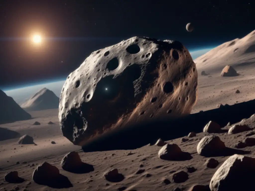 A captivating 8k image of Asteroid Feronia, revealing its jagged terrain, intricate craters and weathered surfaces