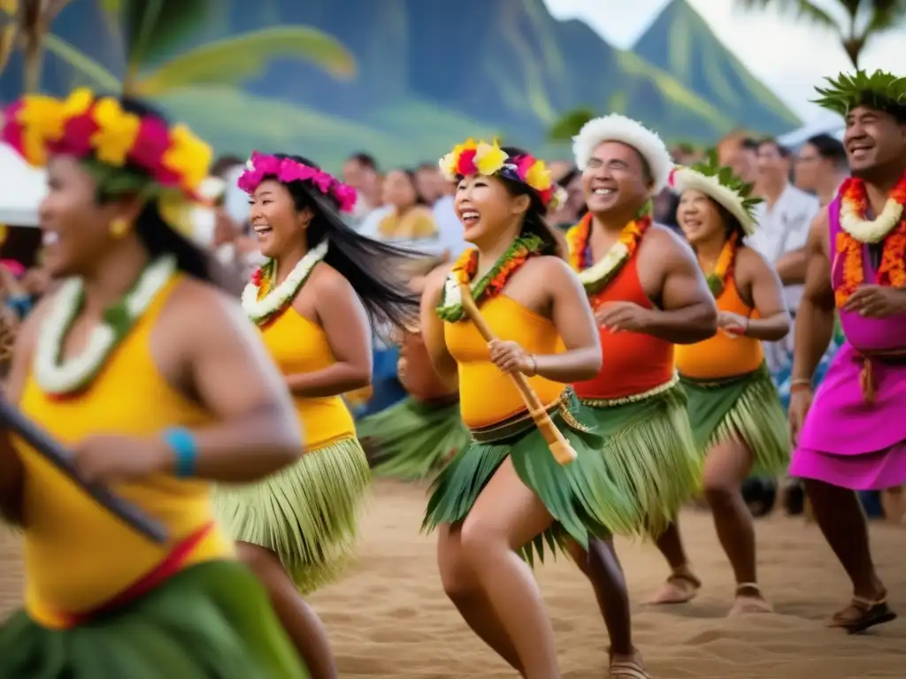 A captivating image of a modern-day Hawaiian festival celebrating the cultural significance of asteroids through music and dance