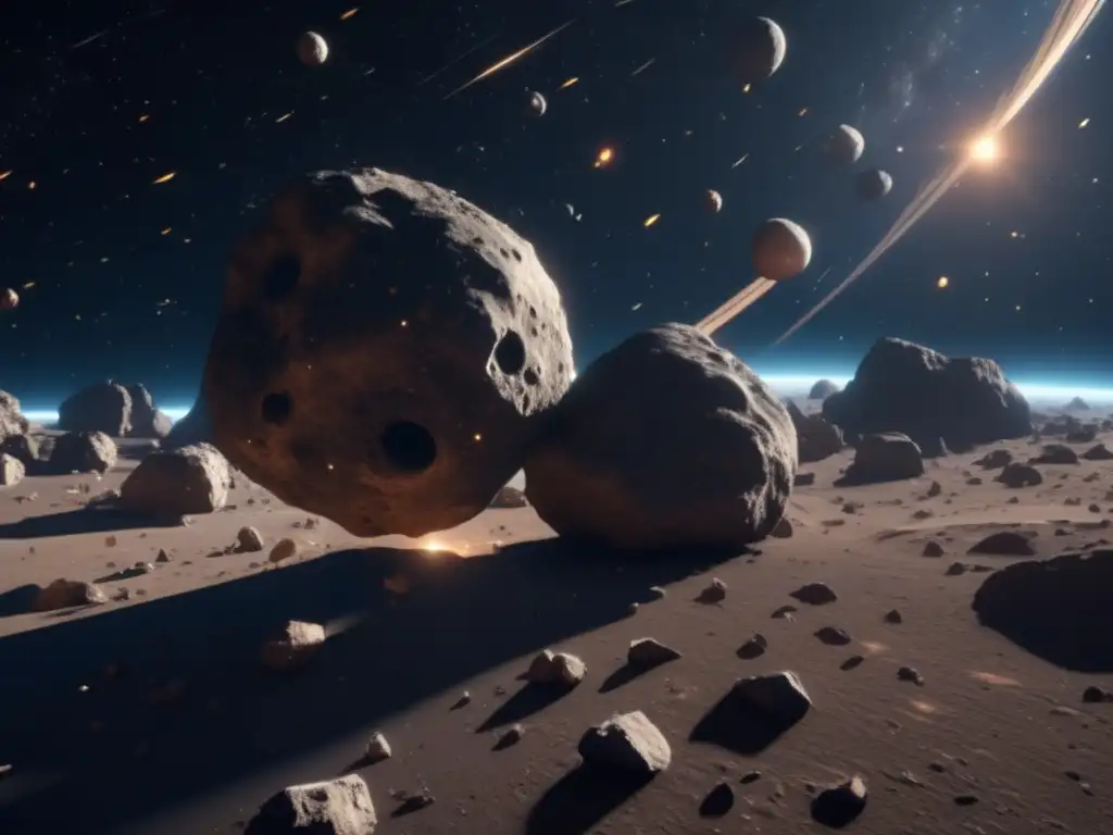 An asteroid field dances in the swirling clouds of a spiral galaxy, with stars shining bright in the background