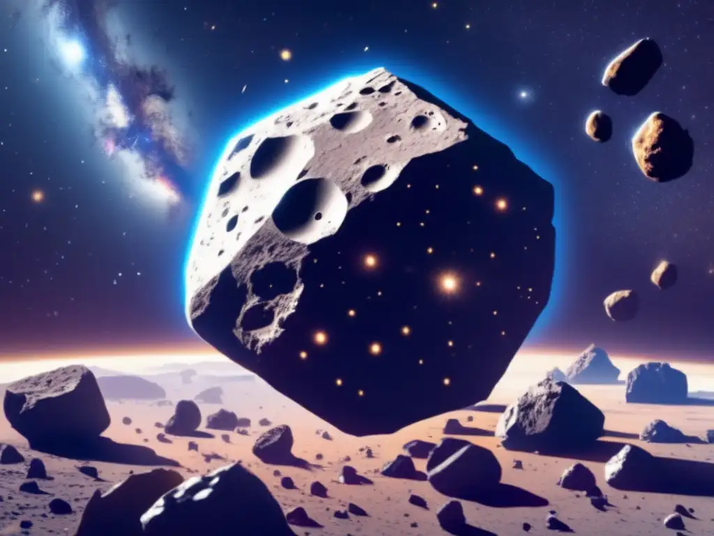 Dash: - Gaze upon the rocky, illuminated asteroid in this detailed and photorealistic image, amidst a field of asteroids and stars, with a sense of depth and scale in space