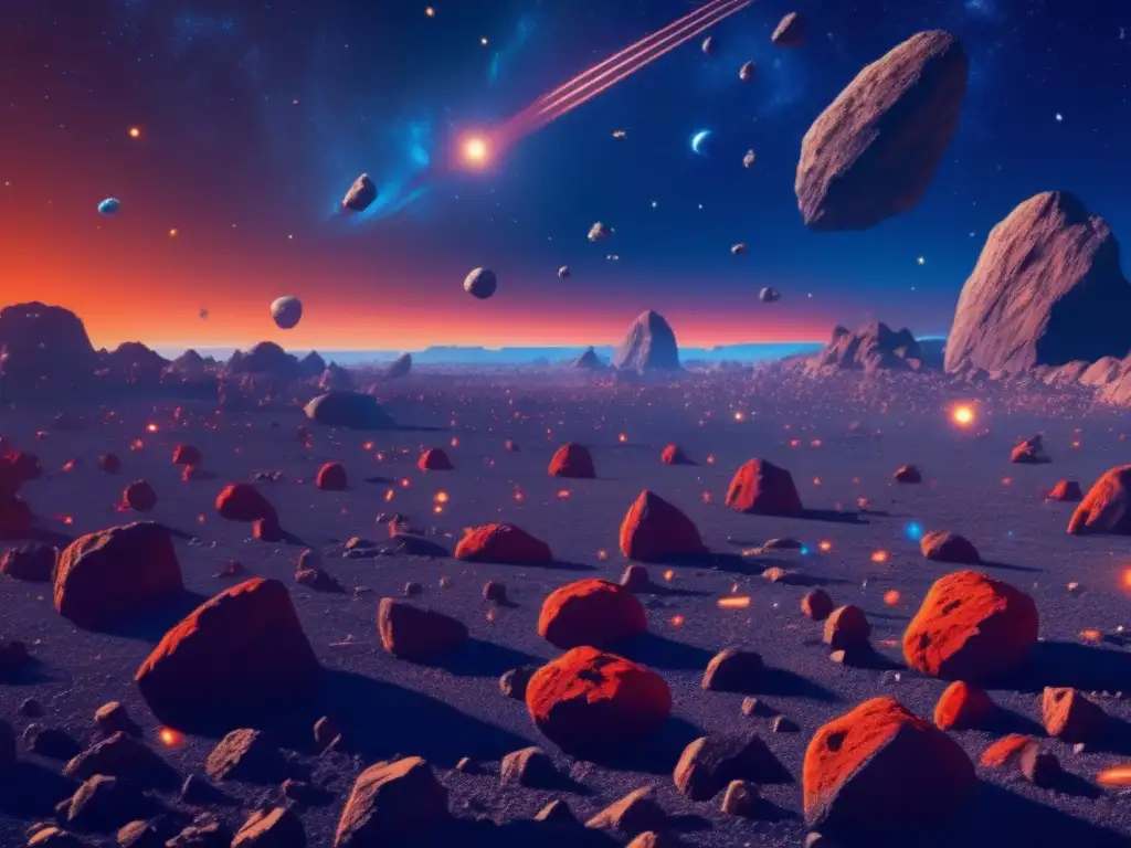 Astounding photorealistic image captures the allure of a sprawling asteroid field with vibrant red and orange asteroids illuminated by distant stars, creating a breathtaking visual spectacle