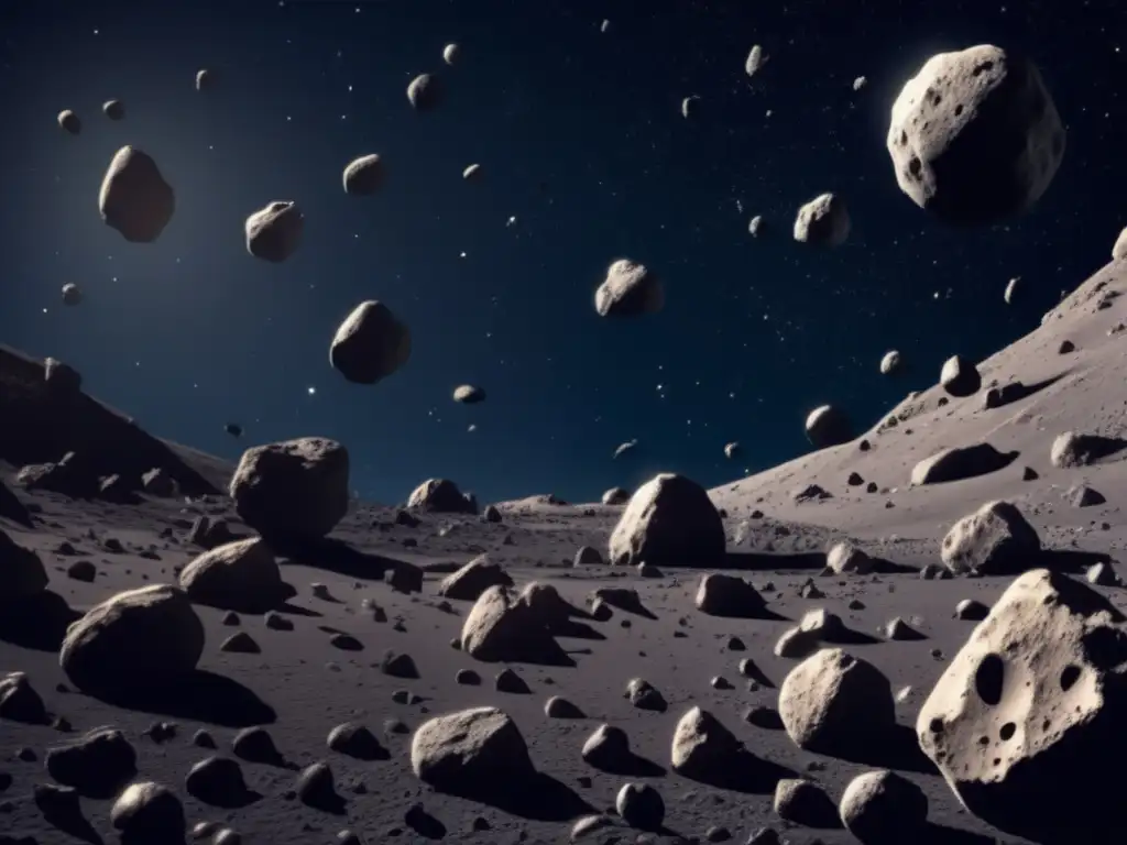 A breathtaking photorealistic image of an asteroid field in space, with intricate details and varying shapes and sizes of asteroids filling the frame