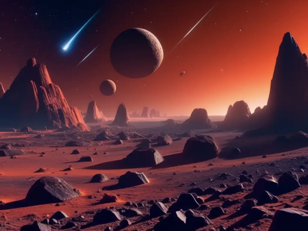 A breathtakingly realistic depiction of a desolate asteroid field, with a towering reddish-orange asteroid standing out in the distance