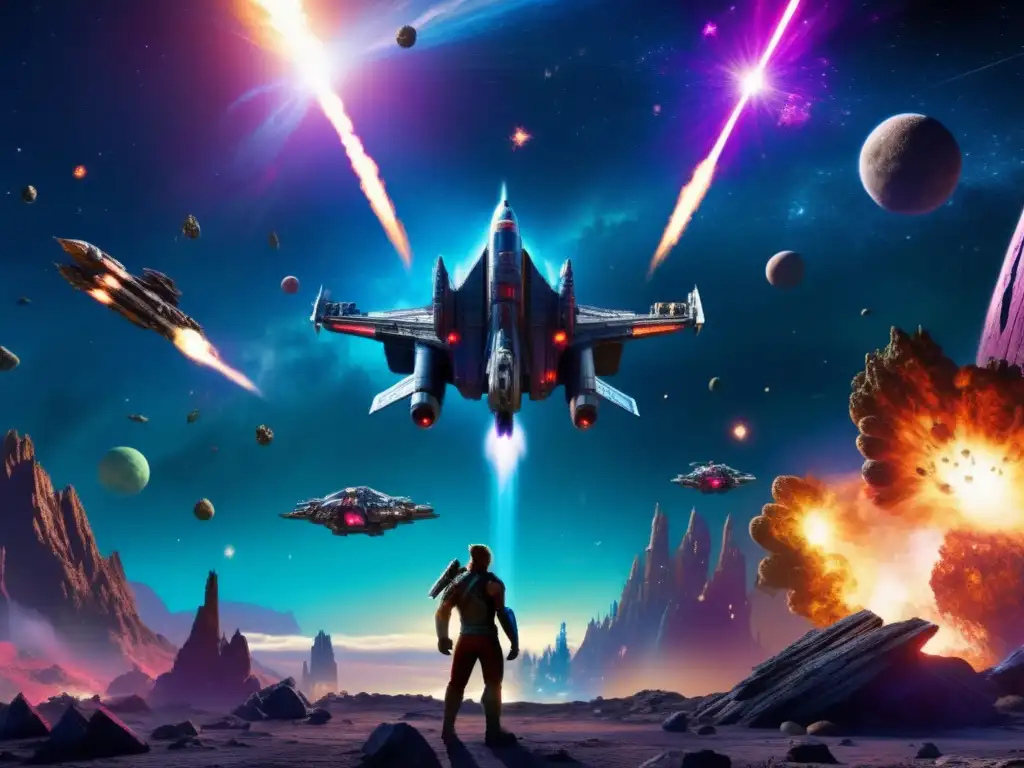 The T60 XD1 Starfighter, Rocket Raccoon, and Drax the Destroyer dive into the Asteroid Field scene in 'Guardians of the Galaxy', surrounded by colorful asteroids, nebula, and distant planets in the background