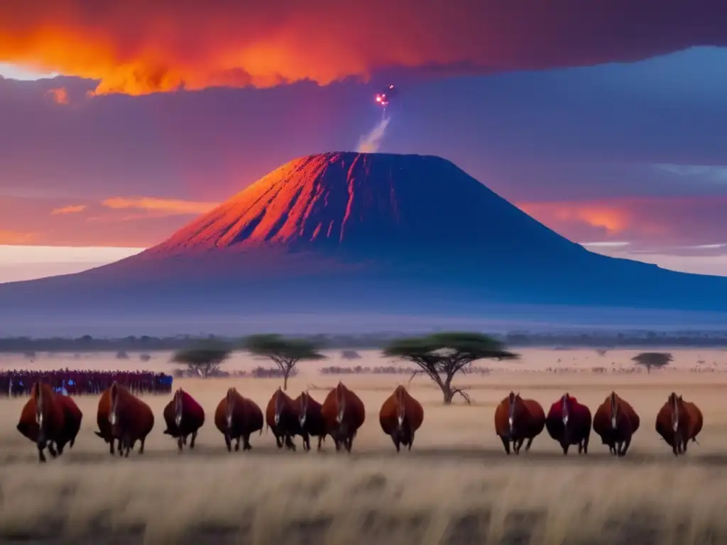 A large asteroid, resembling a fiery comet, descents towards the Maasai landscape, casting long, dark shadows and emanating smoke and flames