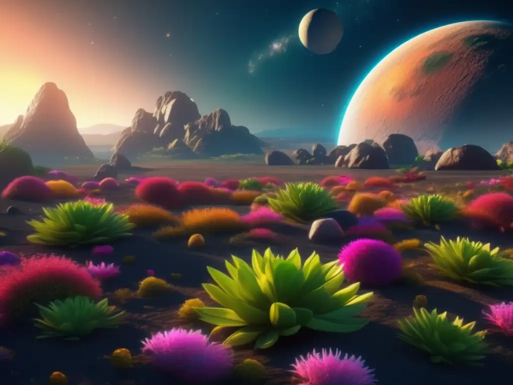A stunning depiction of diverse asteroid flora thriving on a vibrant, photorealistic asteroid ecosystem