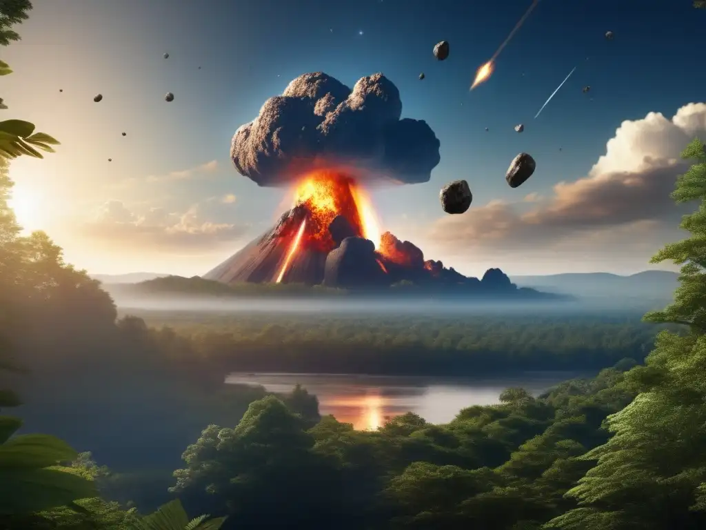In the heart of a serene forest, a asteroid impact occurs, causing a sudden and catastrophic explosion