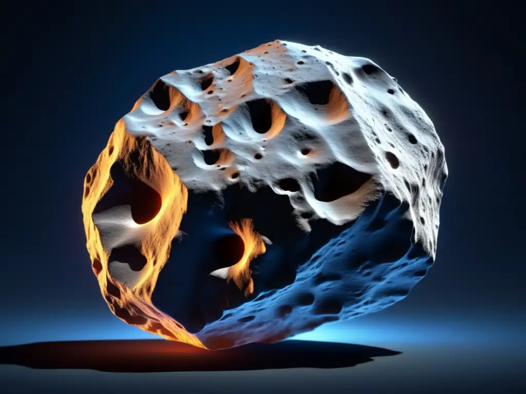 A photorealistic image of an asteroid with a cracked and uneven surface, emitting a faint glow against a deep blue or black background