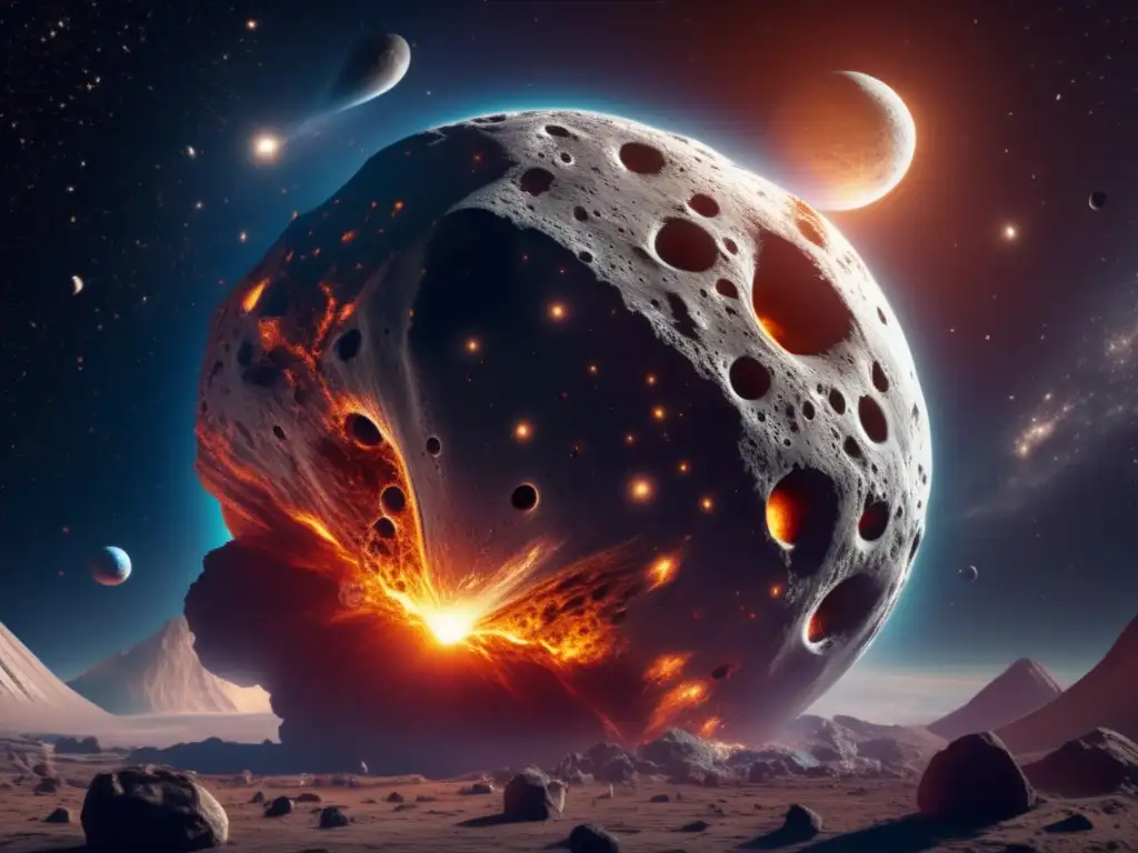 A colossal asteroid looms closer, surface etched with symbolic patterns and holes, glowing brightly in the twilight sky