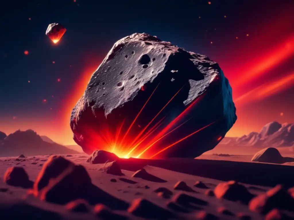 A captivatingclose-up of an asteroid in flight, with a fiery red glow emanating from its surface, highlighting its distinctive shape and texture