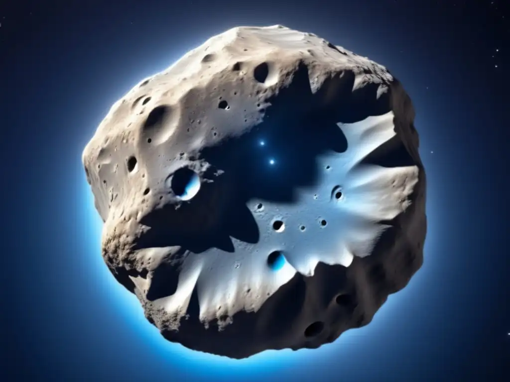 A stunning photorealistic depiction of a grey asteroid, promising to reveal subtle blue hues and rugged terrain