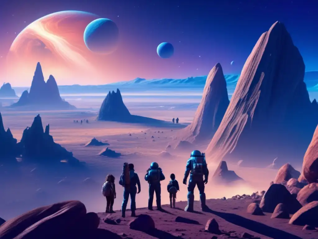 A breathtaking view of a group of explorers on an asteroid, standing atop jagged rock formations and gazing at the vast expanse of space beyond them