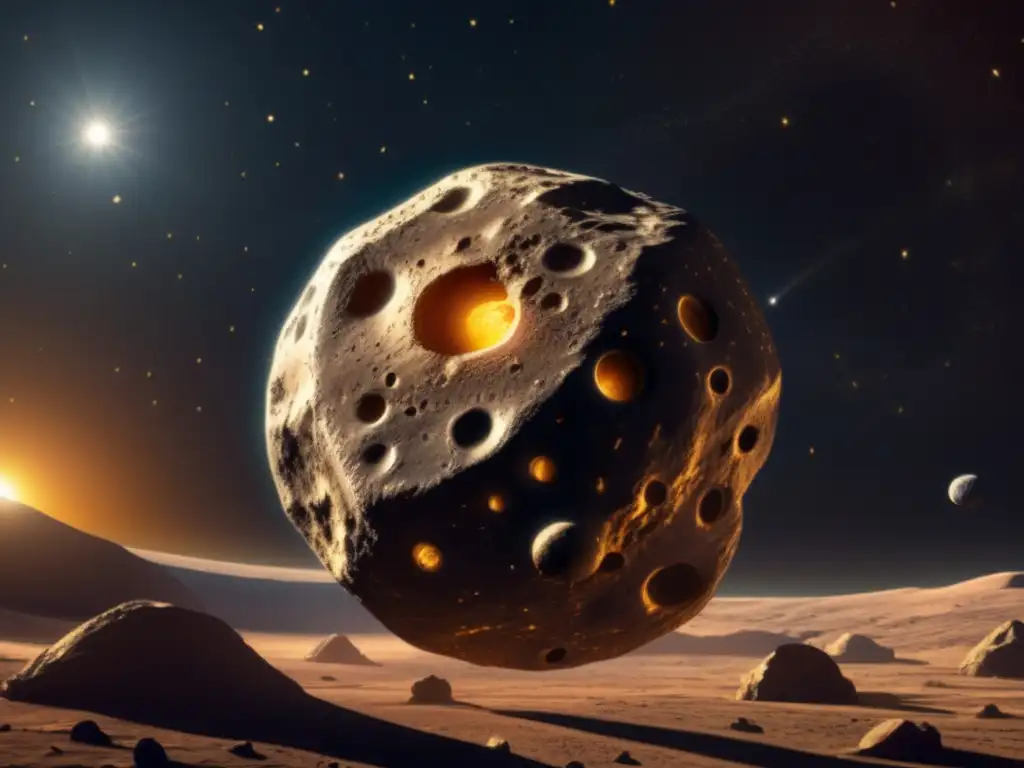 A golden asteroid hovers in space, its intricate markings and deep craters symbolizing the depth and complexity of ancient Persian mythology