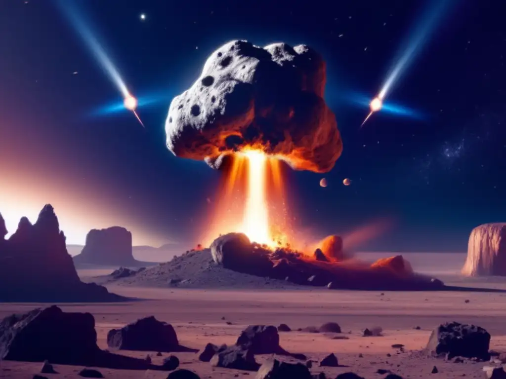 A photorealistic image of a massive asteroid looming in space, with jagged edges and rocky formations visible