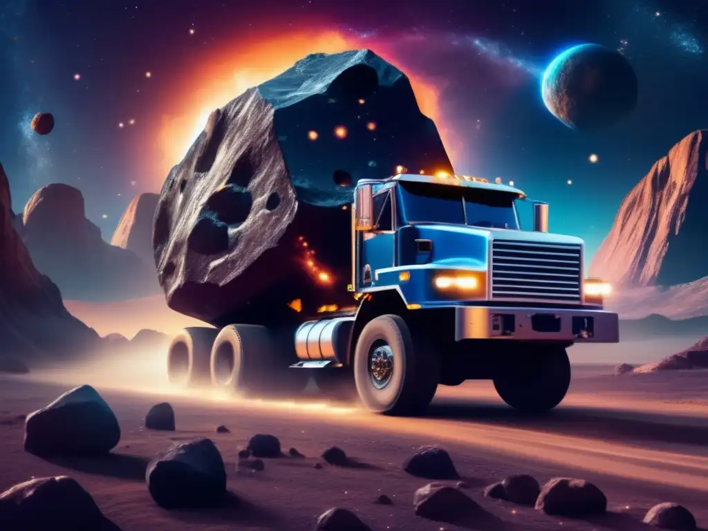 Stars dot the cosmic landscape as a mighty hauler truck tows an enormous asteroid rock, its hungry maw devouring the celestial mineral