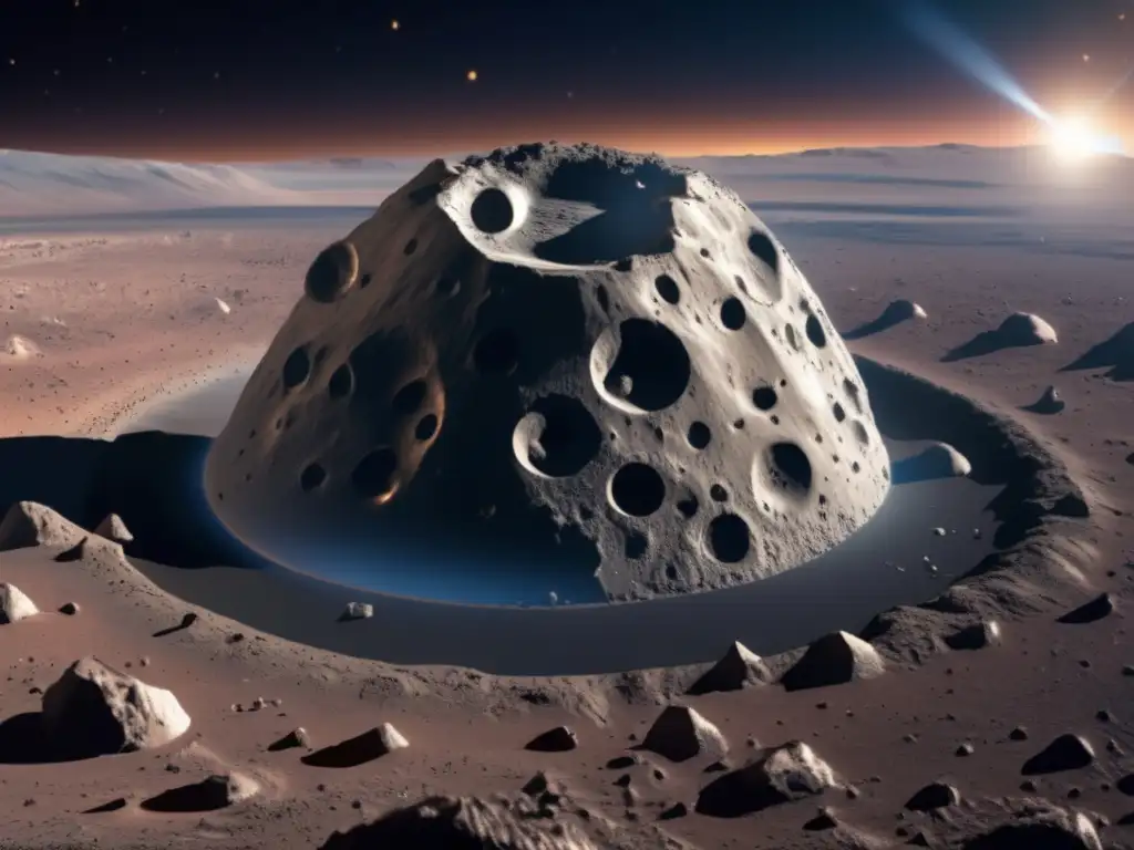 A photorealistic depiction of a large asteroid in the main belt, with intricate craters and surface textures