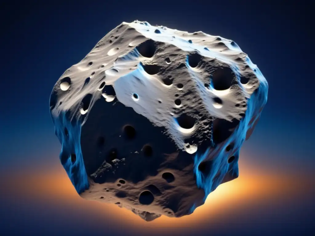 A stunning capture of an otherworldly asteroid, bathed in deep blue hue, showcases its jagged and textured surface