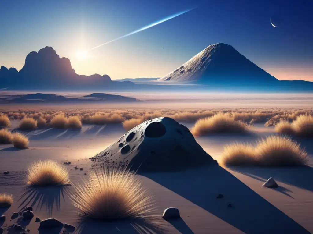 A photorealistic image captures an asteroid casting a long shadow over a desolate landscape