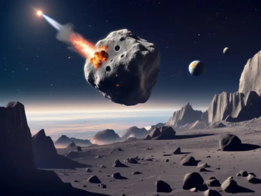 A large asteroid hurtles towards Earth, its grey and jagged surface casting a sense of danger and threat