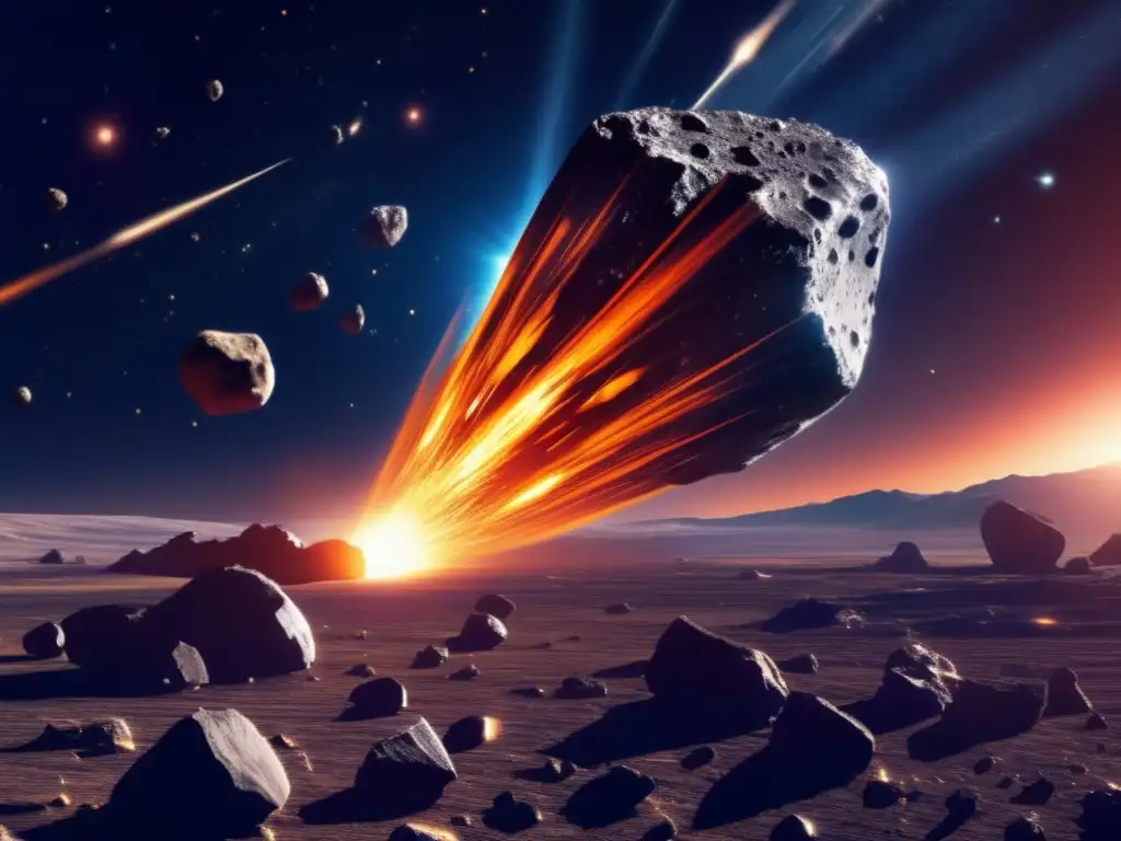An awe-inspiring photorealistic image of an asteroid hurtling through space, its jagged, rocky surface glistening in the bright sunlight, with smaller asteroids floating in isolation against the vast, dark expanse of the cosmos