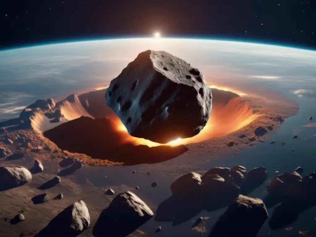 A massive asteroid hurtles towards Earth, dwarfed by the view of our planet in this photorealistic image